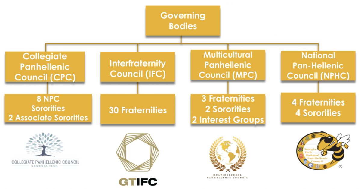 A graphic outlining the breakdown of chapters and councils at Georgia Tech.