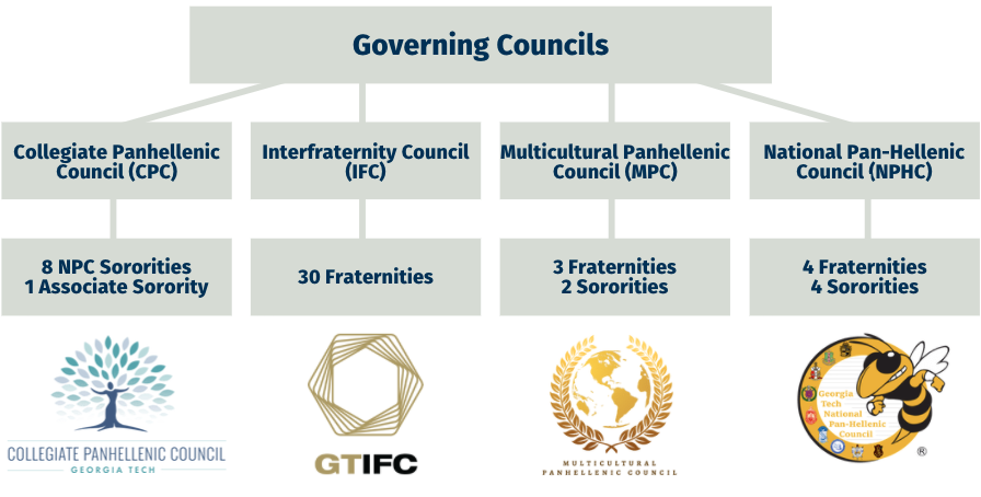 A graphic outlining the breakdown of chapters and councils at Georgia Tech.